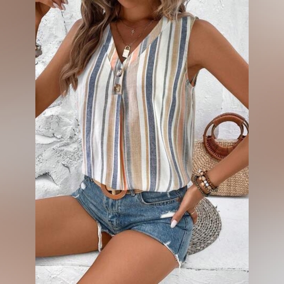 SHEIN Tops - SHEIN Breezaya Striped Sleeveless V Neck Blouse | SZ XL
